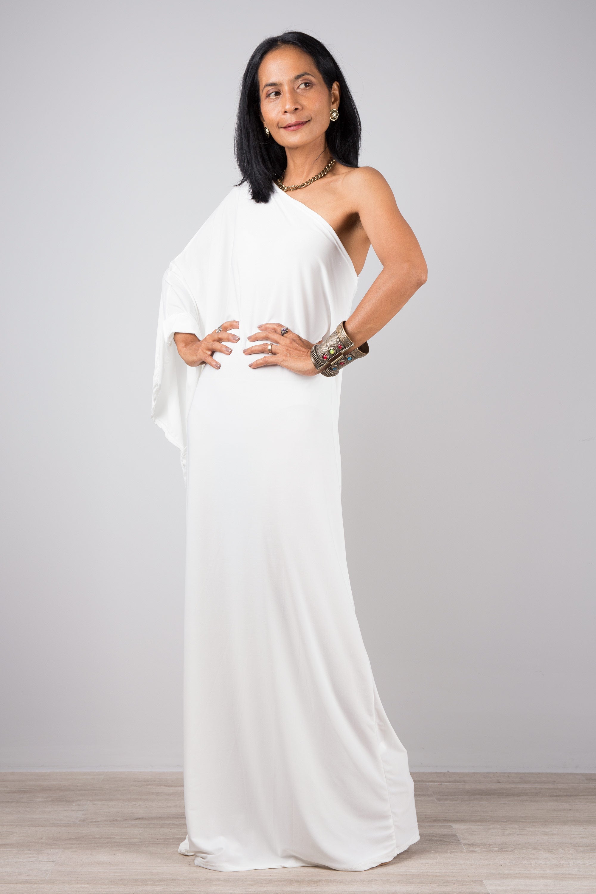 Off-White One Shoulder Kaftan Dress for Women — Maxi Length - gallery