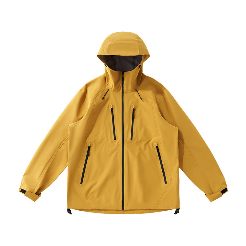 Windbreaker Jacket Hooded Waterproof Breathable Zip Pockets for Women - Yellow