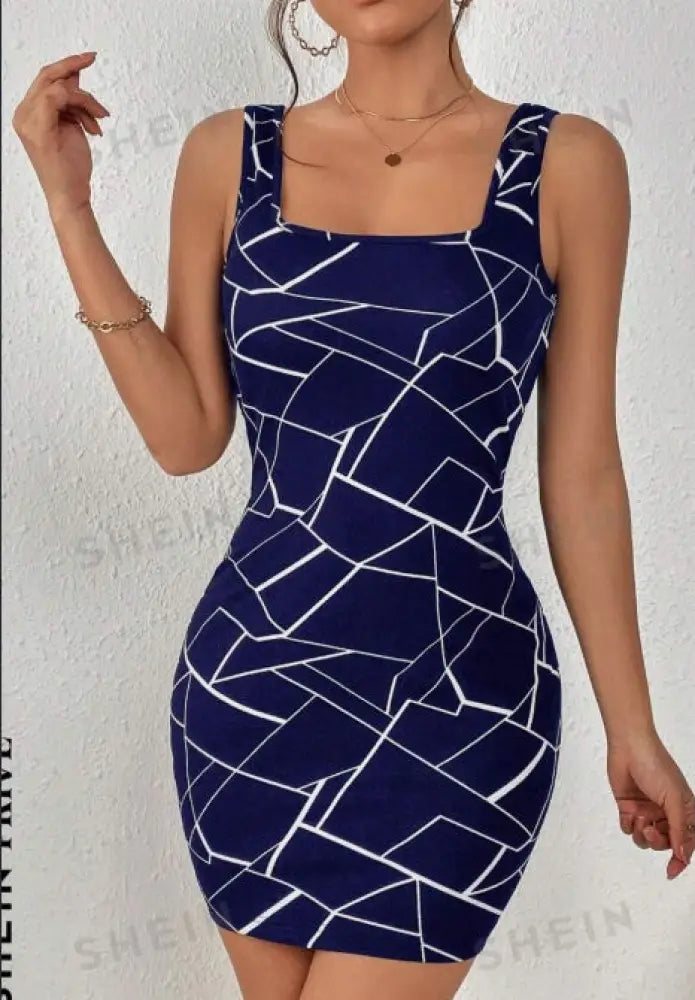 Geometric Print Square Neck Sleeveless Bodycon Dress for Women