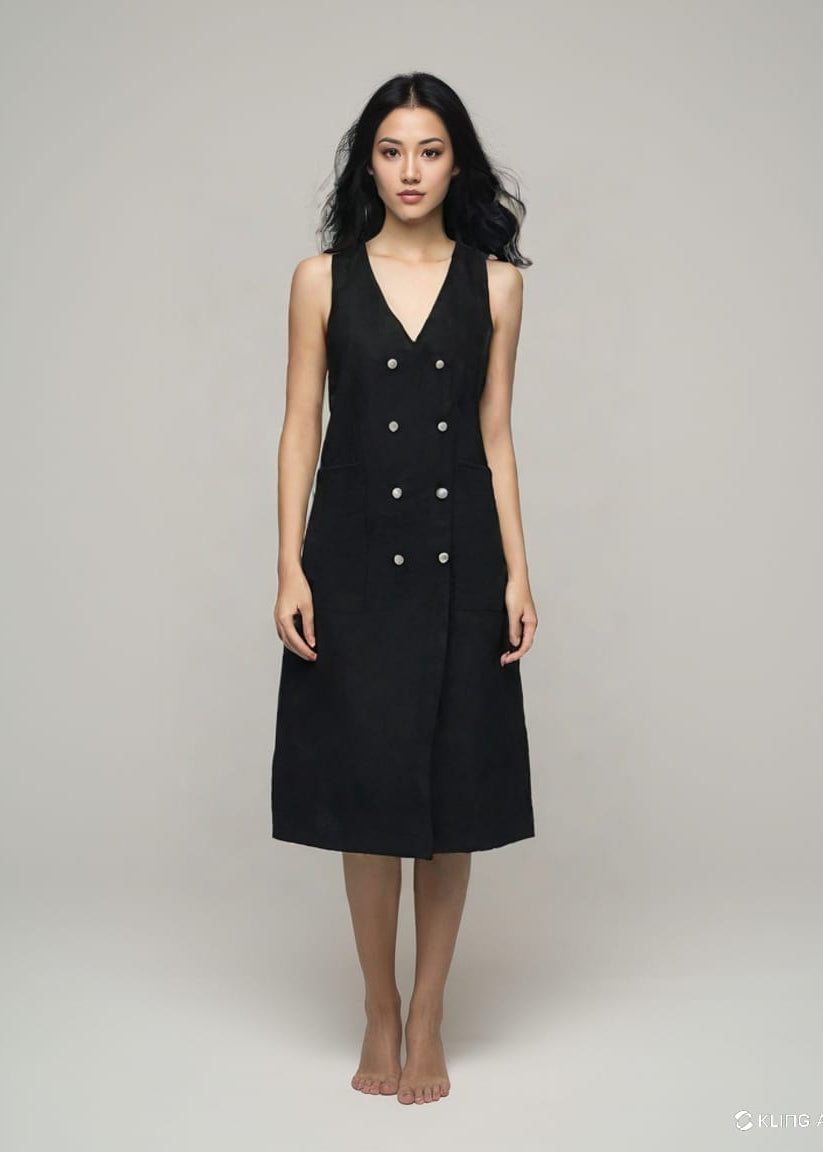 Black Linen Button-Down Dress for Women — Structured Everyday Chic