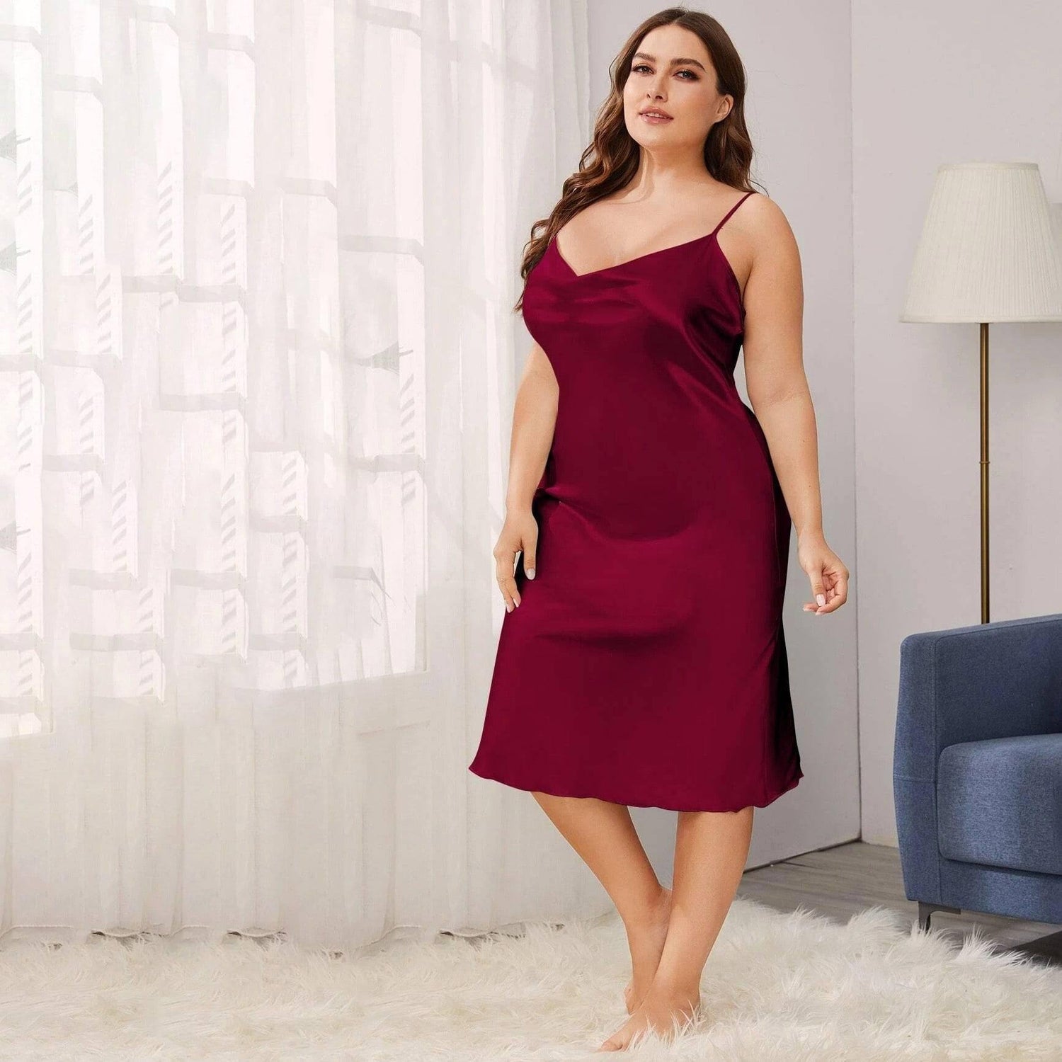 Women's Cowl Neck Plus Size Silk Nightgown Slip Dress — gallery