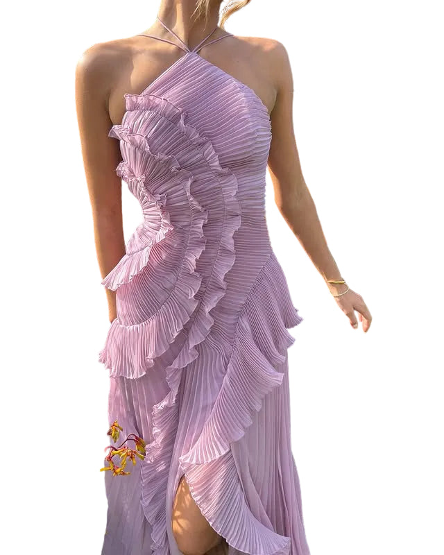 Halter Neck Maxi Dress with Cascading Pleated Ruffles for Women