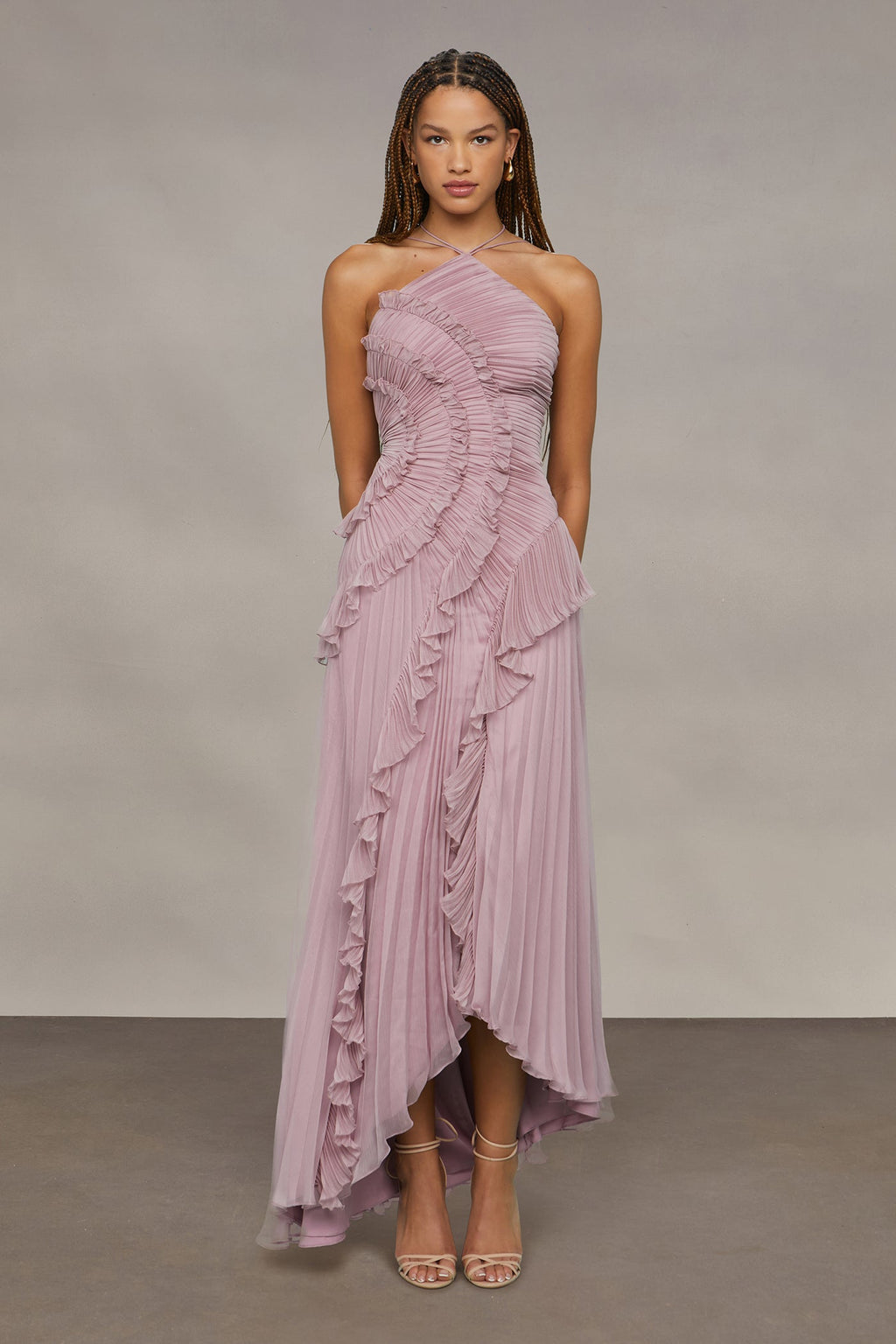 Halter Neck Maxi Dress with Cascading Pleated Ruffles for Women - gallery