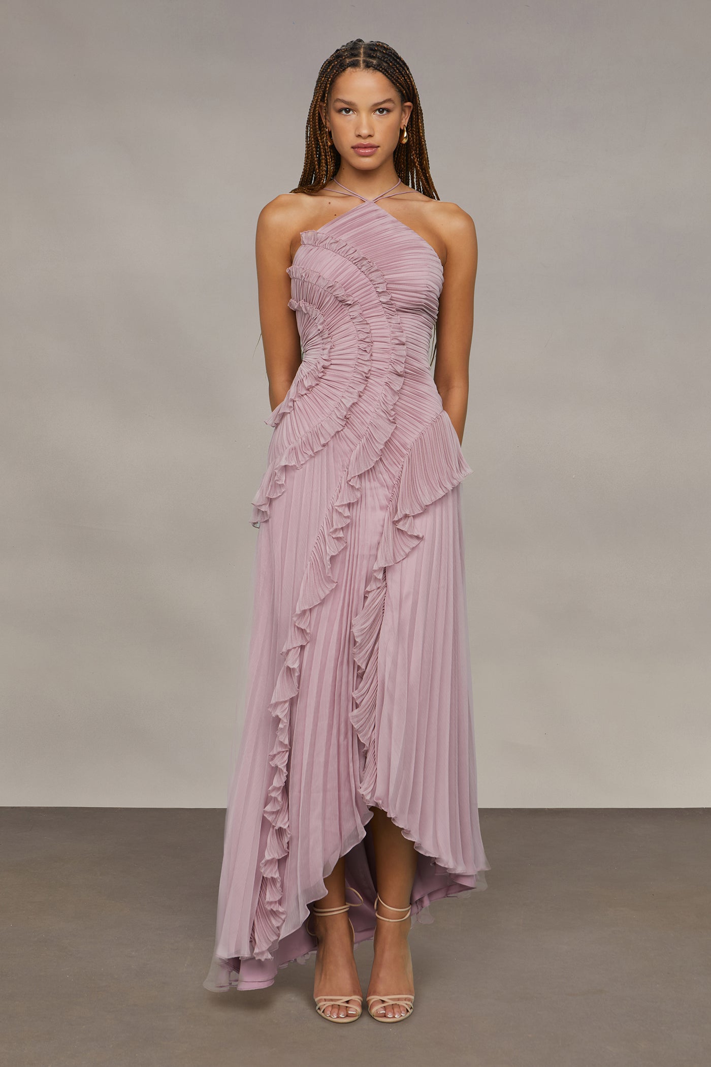 Halter Neck Maxi Dress with Cascading Pleated Ruffles for Women - gallery