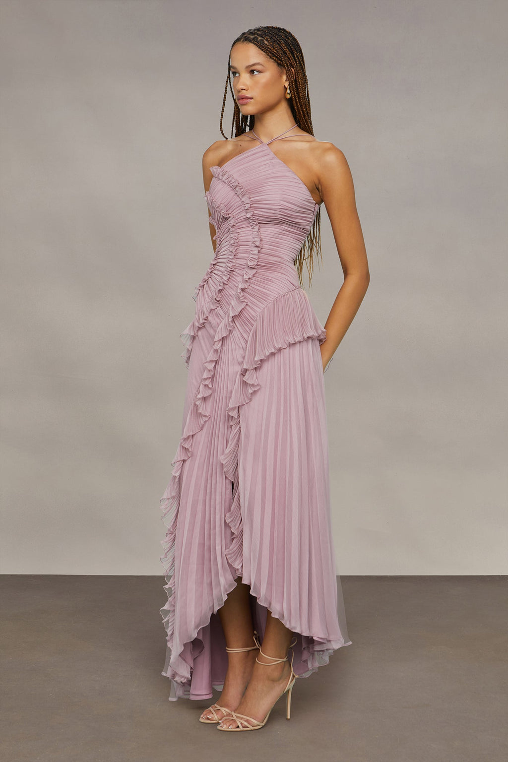 Halter Neck Maxi Dress with Cascading Pleated Ruffles for Women - gallery