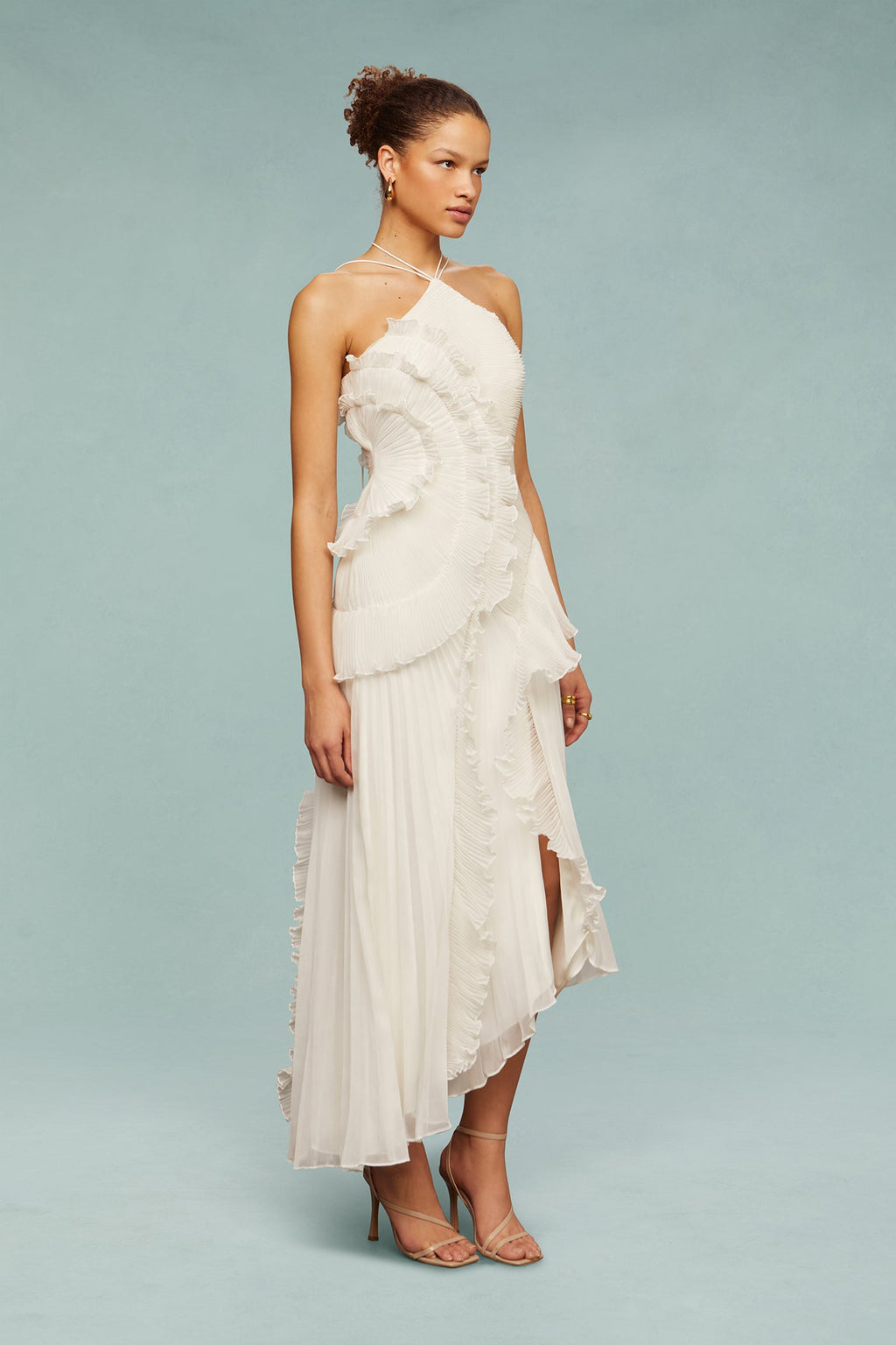 Halter Neck Maxi Dress with Cascading Pleated Ruffles for Women - gallery