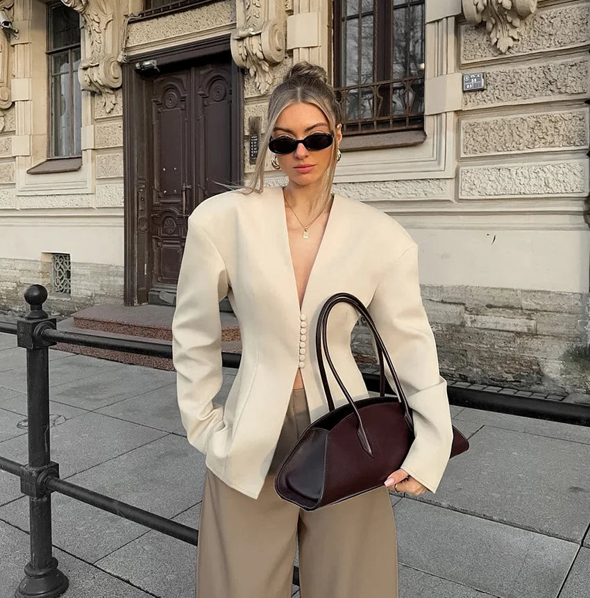 s Structured V-Neck Button Front Blazer for Women