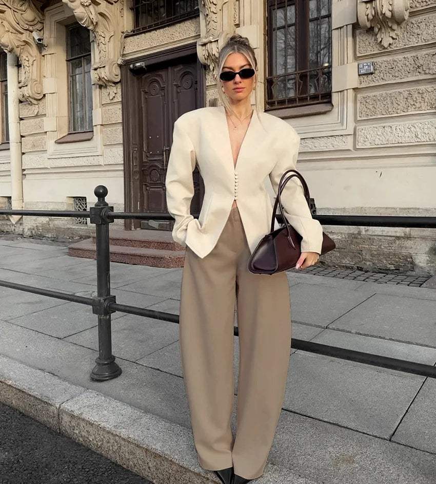 s Structured V-Neck Button Front Blazer for Women - gallery
