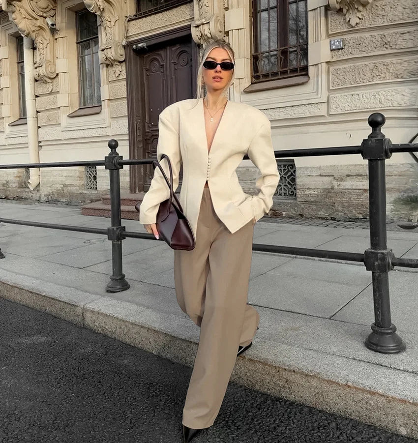 s Structured V-Neck Button Front Blazer for Women - gallery