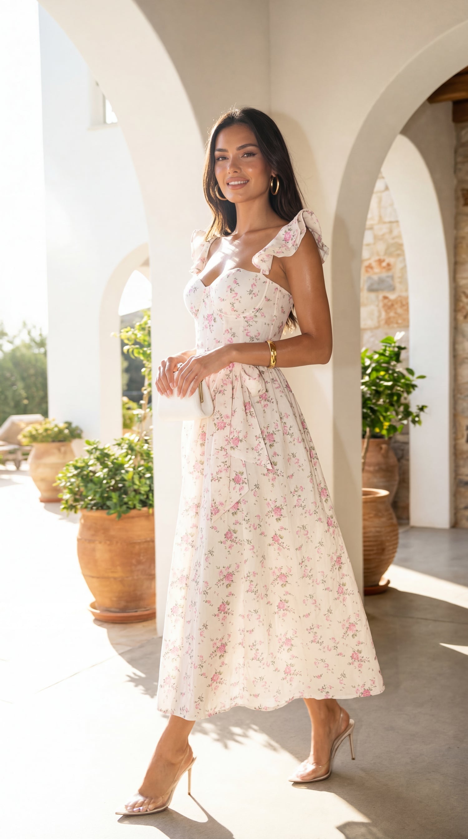 Florienne Floral Corset Flutter Midi Dress - Ivory — gallery