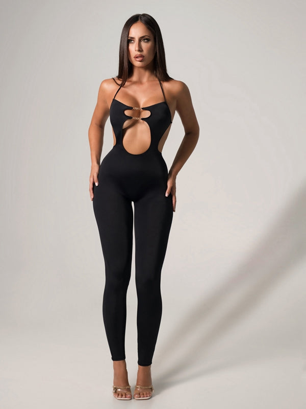 Black Hollow-Out Backless Jumpsuit for Women — Stretchy - gallery